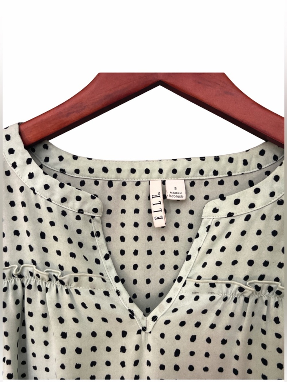 ELLE Light Blue Polka Dot Blouse Small Black Dot Flowy Top Feminine Chic
